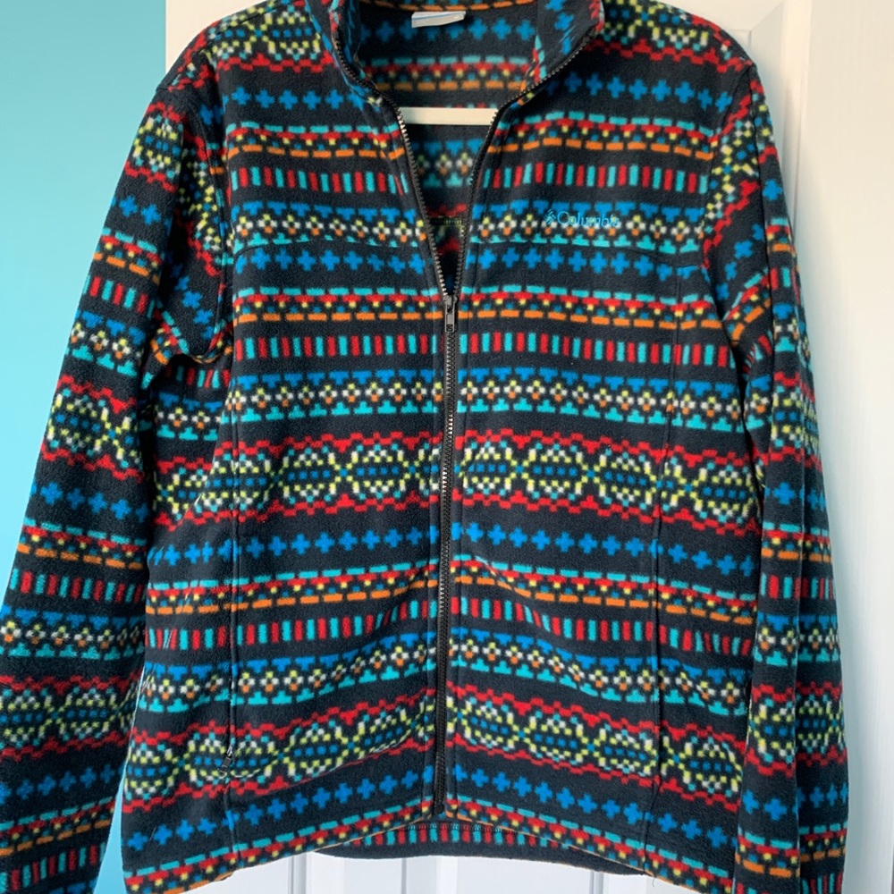 Women’s Columbia Fleece Black w/ Tribal Aztec Colorful Print full zip jacket Med - Picture 5 of 10
